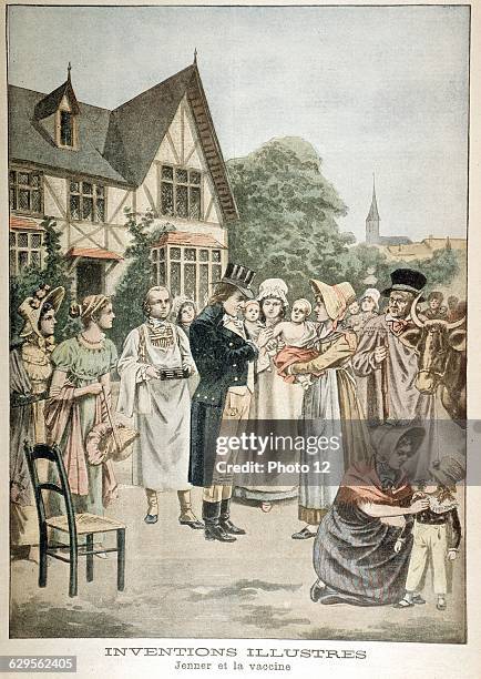 Edward Jenner English physician, vaccinating a child against Smallpox using Cowpox serum1901Artist's impression from "Le Petit Journal"Paris.