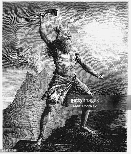 Thor, son of Woden or Odin. God of thunder in the Scandinavian pantheon, shown wielding his hammer, symbolising thunder and lightning, as he...