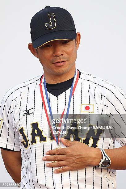 Manager Nishi Toshihisa of Japan looks on after winning the 2016 IX BFA U12 Baseball Championship final game between Japan and Korea at Panda...
