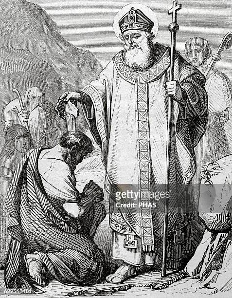 Saint Martial was the first bishop of Limoges in today's France. Died 1st or 3rd centuries. Engraving by Capuz. Ano Cristiano, 1852.