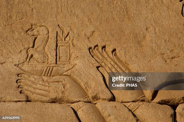 Egypt. Dendera. Temple complex. Roman Birth House of Mammisi. Emperor Trajan offering a clepsydra. Detail of his hands. Relief. First Intercolumnar...