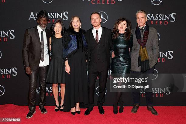 Michael K. Williams, Michelle Lin, Marion Cotillard, Michael Fassbender, Essie Davis, and Jeremy Irons attend the "Assassin's Creed" New York...