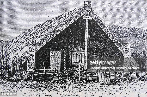 Traditional Maori house with carved frame, New Zealand 1850