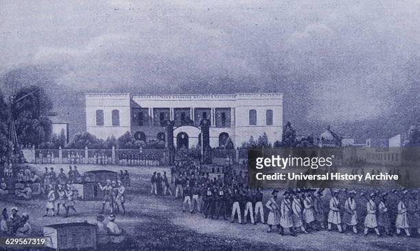 Illustration depicting Pondicherry, a French colonial settlement in India.