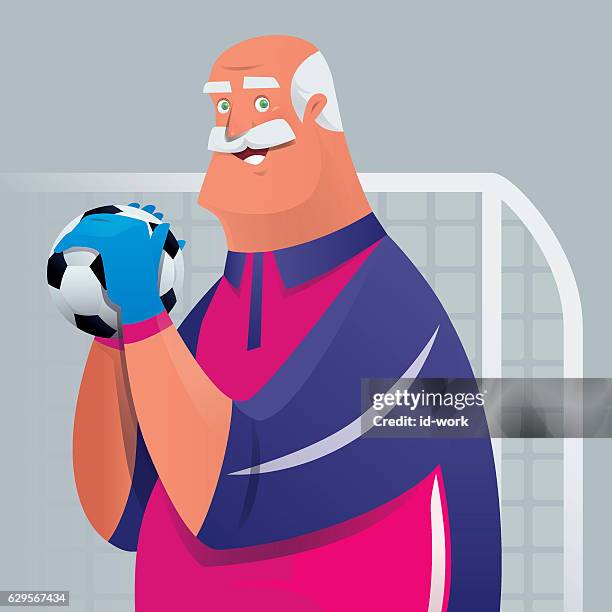 senior man holding soccer ball - fat goalkeeper stock illustrations