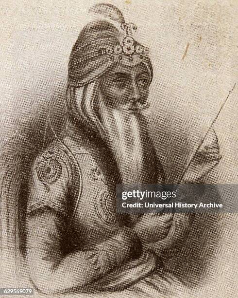 Portrait of Maharaja Ranjit Singh founder of the Sikh Empire, which came to power in the Indian subcontinent in the early half of the 19th century....