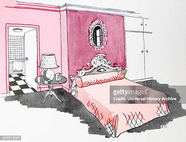 Colour illustration of a bright pink bedroom. Dated 20th Century