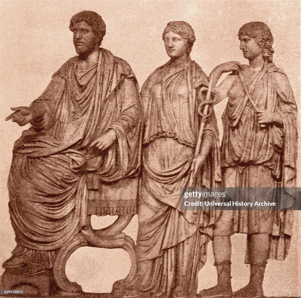 Bas-relief depicting Marcus Aurelius and Faustina with the Goddess Roma