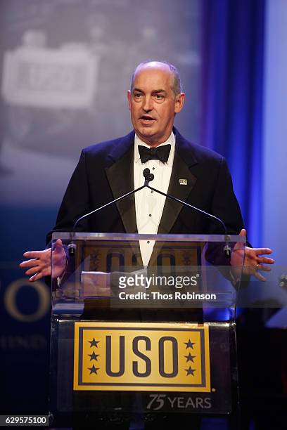 Inc. JD Crouch II speaks onstage during the USO 75th Anniversary Armed Forces Gala & Gold Medal Dinner at Marriott Marquis Times Square on December...