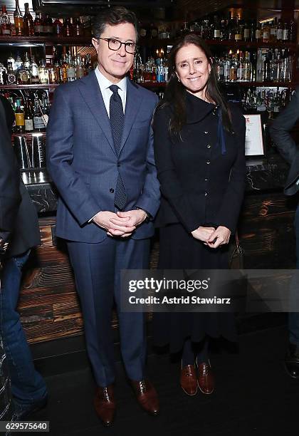 Stephen Colbert and director Julie Taymor attend a cocktail party in celebration of "Life, Animated" at Megu New York on December 13, 2016 in New...