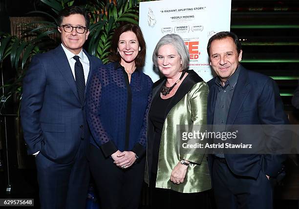 Stephen Colbert, Evelyn McGee-Colbert, Cornelia Suskind and Ron Suskind attend a cocktail party in celebration of "Life, Animated" at Megu New York...