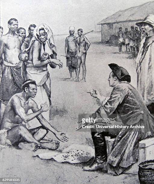 Engraving depicting slaves being sold for cowries in Africa.