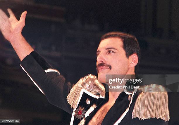 Freddie Mercury of Queen performs on stage Royal Albert Hall, London, 1985.