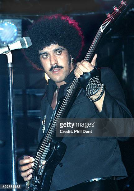 Phil Lynott performs on stage with Grand Slam at Marquee Club, London, 1984.