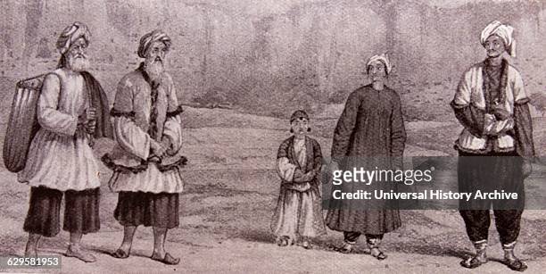 Engraving depicting Tajiks, Persian-speaking villagers of Eastern Afghanistan. Dated 19th Century