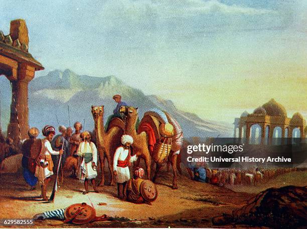 Early nineteenth century caravan of merchants with camels. Kathiawar, in western India,
