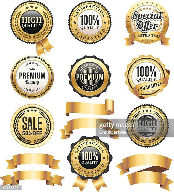 stockillustraties, clipart, cartoons en iconen met gold badges and ribbons set - play button