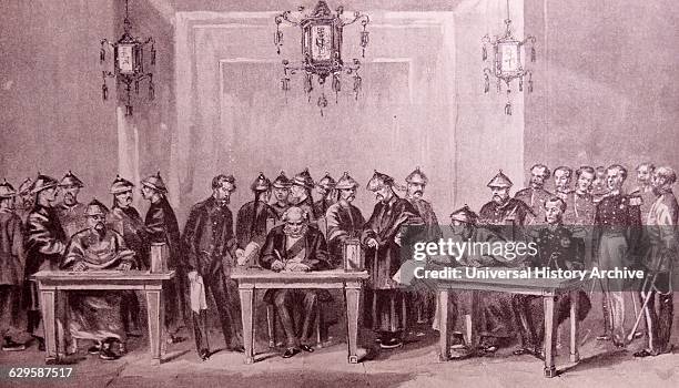 Illustration depicting the signing of the Treaty of Tientsin. Dated 19th Century