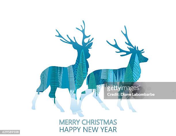 ダブルエクスポージャークリスマスカード - トナカイペア - hand drawn christmas card with reindeer点のイラスト素材／クリップアート素材／マンガ素材／アイコン素材