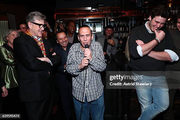 Jonathan Freeman and Gilbert Gottfried speak during a cocktail party in celebration of "Life, Animated" at Megu New York on December 13, 2016 in New...