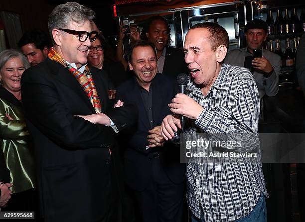 Jonathan Freeman and Gilbert Gottfried speak during a cocktail party in celebration of "Life, Animated" at Megu New York on December 13, 2016 in New...