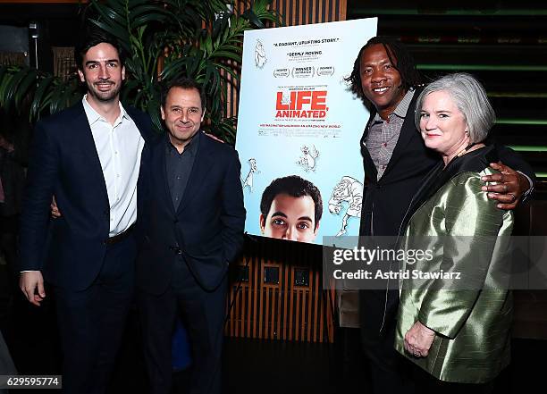 Walt Suskind, Ron Suskind, Roger Ross Williams and Cornelia Suskind attend a cocktail party in celebration of "Life, Animated" at Megu New York on...