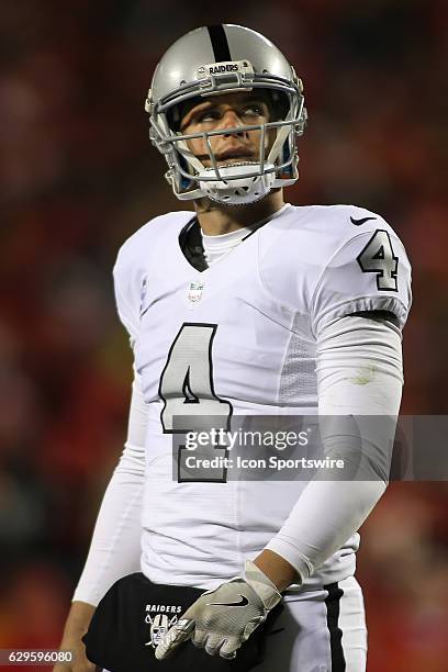 Oakland Raiders quarterback Derek Carr during a Thursday night AFC West showdown between the Oakland Raiders and Kansas City Chiefs on December 08,...