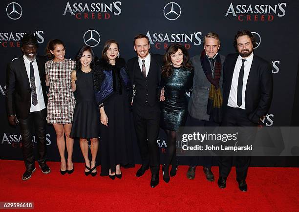 Michael K. Williams, Michelle Lin, Marion Cotillard, Michael Fassbender, Essie Davis, and Jeremy Irons attend "Assassin's Creed" New York premiere at...