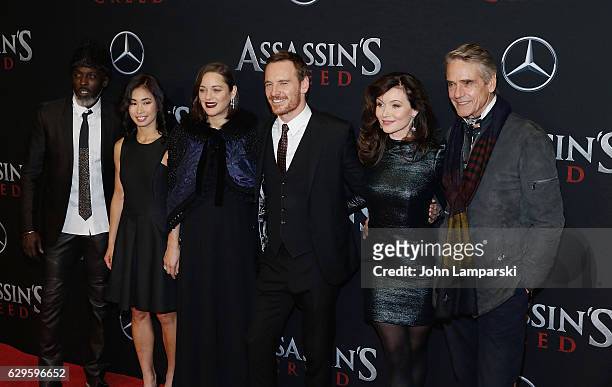 Michael K. Williams, Michelle Lin, Marion Cotillard, Michael Fassbender, Essie Davis, and Jeremy Irons attend "Assassin's Creed" New York premiere at...