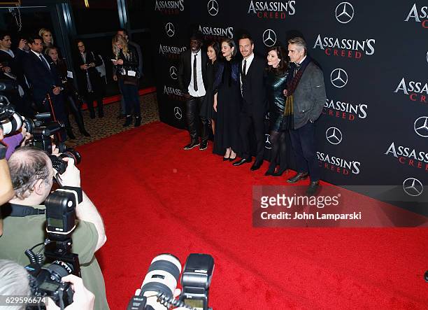 Michael K. Williams, Michelle Lin, Marion Cotillard, Michael Fassbender, Essie Davis, and Jeremy Irons attend "Assassin's Creed" New York premiere at...