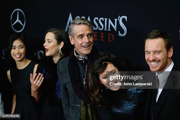 Michelle Lin, Marion Cotillard, Jeremy Irons, Essie Davies and Michael Fassbender attend "Assassin's Creed" New York premiere at AMC Empire 25...