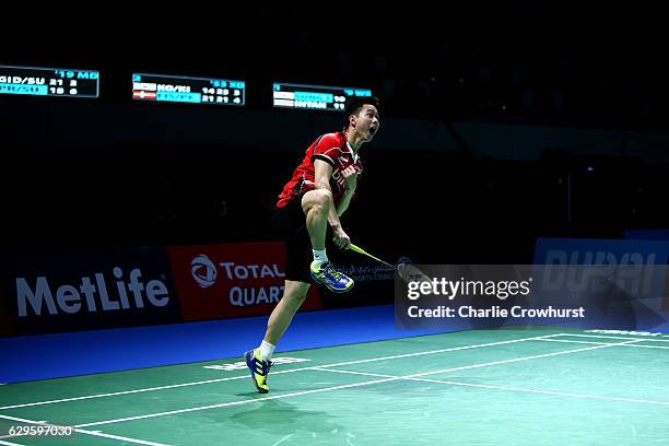 Marcus Fernaldi Gideon of Indonesia in action during the mens doubles match against Angga Pratama and Ricky Karanda Suwardi of Indonesia on Day One...
