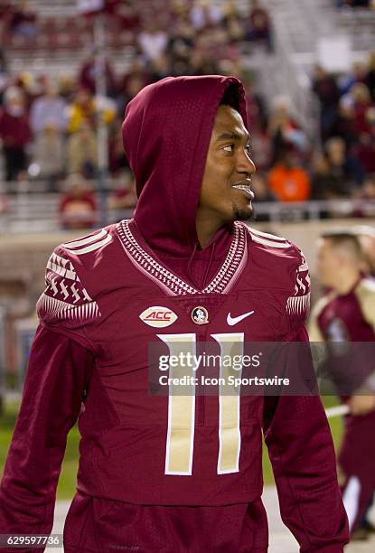 Florida State WR George Campbell looks on during warmups before the NCAA football game between the Florida State Seminoles and the Florida Gators on...