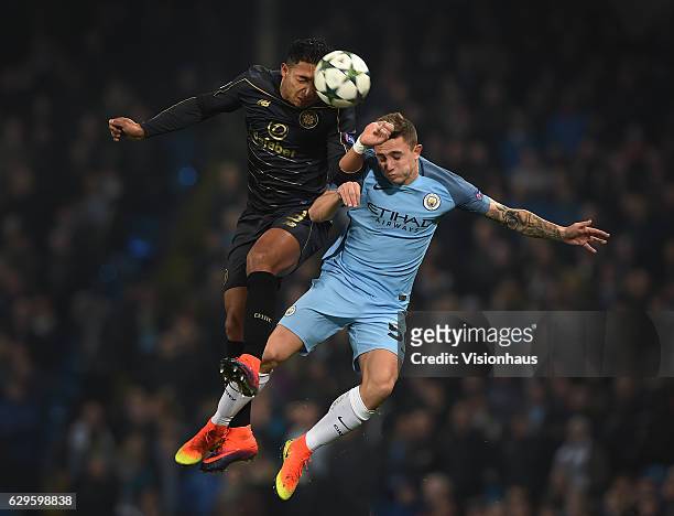 Emilio Izaguirre of Celtic and Pablo Maffeo of Manchester City in action during the UEFA Champions League match between Manchester City FC and Celtic...