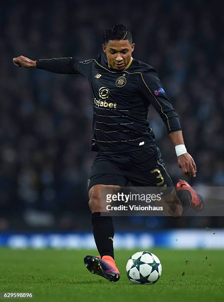Emilio Izaguirre of Celtic in action during the UEFA Champions League match between Manchester City FC and Celtic FC at Etihad Stadium on December 6,...