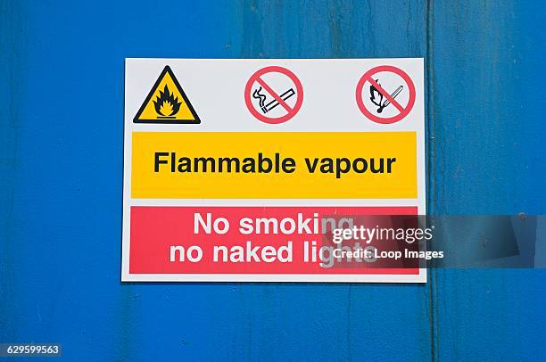 Flammable vapour warning sign on diesel tank, Bridlington, England.