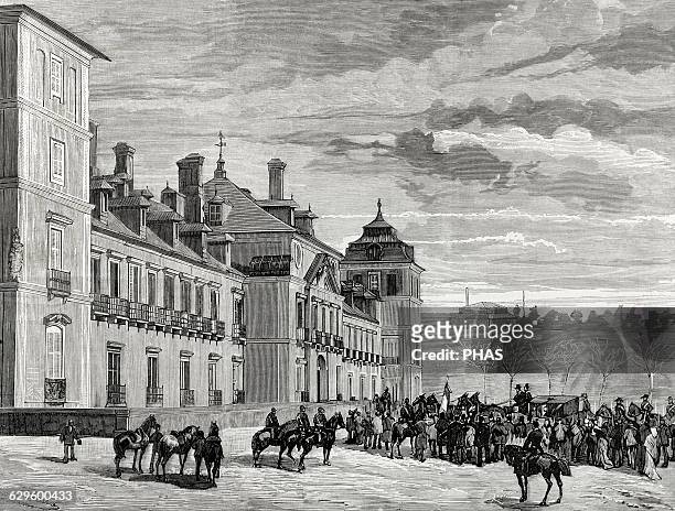 Alfonso XII of Spain and the Queen consort Maria Christina of Austria arriving at the Royal Palace of El Pardo. Engraving by Rico. La Ilustracion...