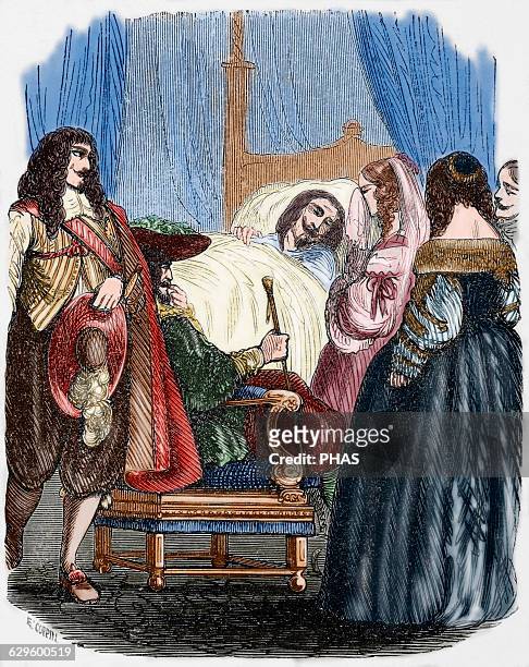 Louis XIII . King of France. Death of Louis XIII. Engraving by E. Coppin. Universal Library, 1851. Colored.