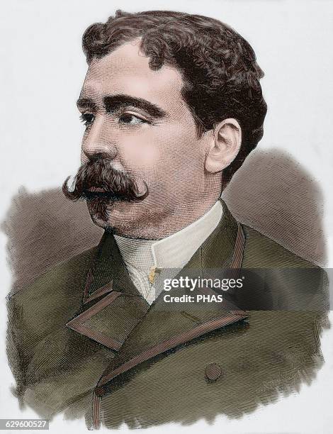 Enrique Kubly Arteaga . Uruguayan writer, politician and philosopher. Engraving by Capuz. The Spanish and American Illustration, 1885. Colored.