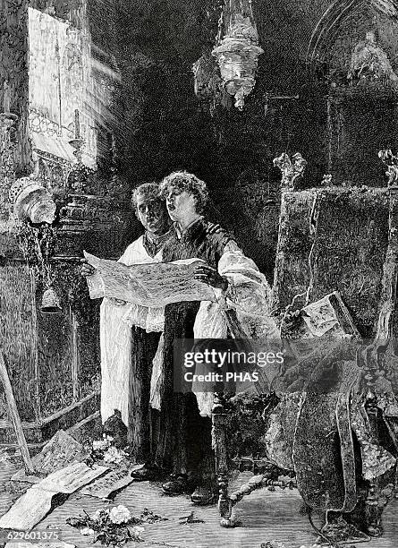 Spain. Altar server singing. Essay. Engraving by Perez. Painting by Arcadio Mas y Fondevilla. La Ilustracion Espanola y Americana. 1886.