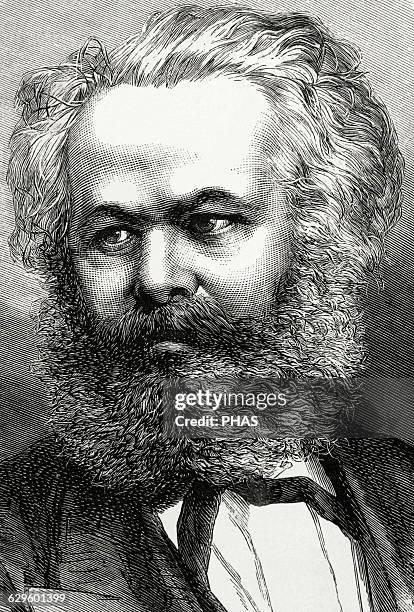 Karl Marx . German Philosopher, political economist and communist. Portrait. Engraving by Capuz. La Ilustracion Espanola y Americana, 1872.