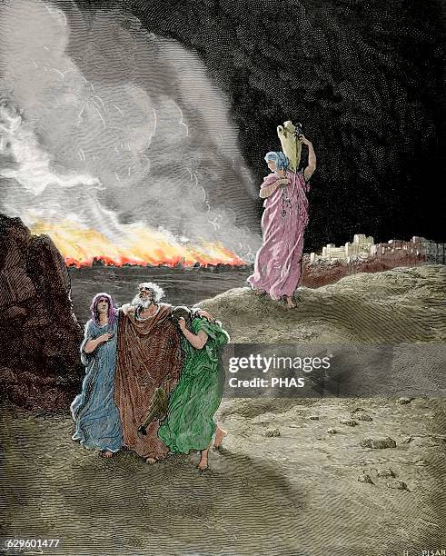Lot, person mentioned in Book of Genesis, Bible. Episode of destruction of Sodom and Gomorrah. Lot flees from Sodom. Engraving by H. Pisan and...