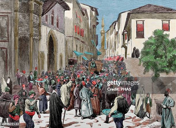 Mahmud Nedim Pasha . Ottoman statesman. Demonstration and protests in the streets of Istanbul against Minister. Engraving by Capuz. La Ilustracion...