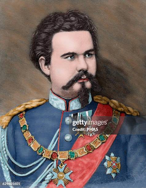 Ludwig II of Bavaria . King of Bavaria from 1864 until his death. Engraving by Rico. Historia Univesal, 1885. Colored.