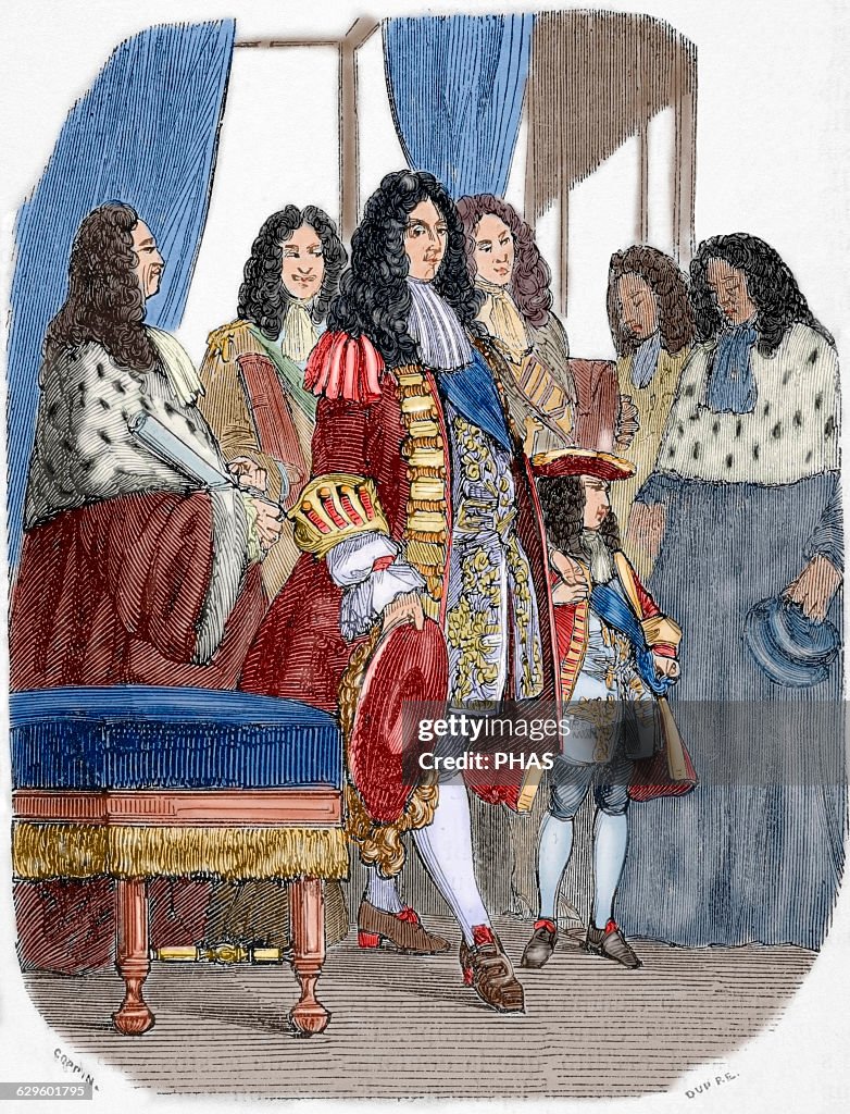 The Regent Philippe of Orleans (1674-1723) with Louis XV (1710-1774). Engraving. Colored.