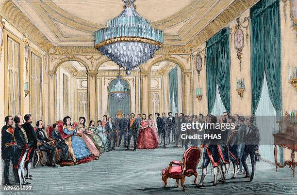 Isabella II of Spain . Queen of Spain. Abdication of Isabella of Bourbon in favour of her son Alphonse XII. June 25, 1870. Paris, France. Engraving...