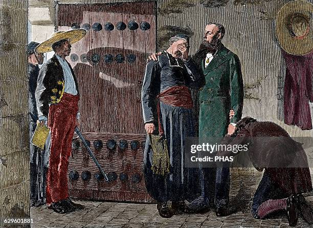 Maximilian I . Second Mexican Empire. Shoot by the liberals. Last moments of Emperor. Engraving by F. Babbage. La Ilustracion Espanola, 1885. Colored.