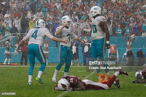Andrew Franks is congratulated by Ja'Wuan James and Matt Darr of the Miami Dolphins after he kicked the game winning field goal with one second left...