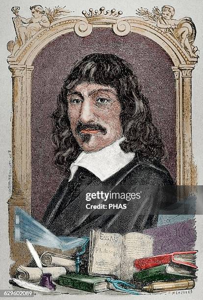 Rene Descartes . French philosopher. Engraving by Rousseau. Colored.