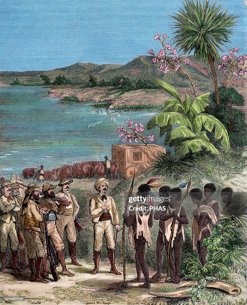 Henry Morton Stanley (1841-1904) and David Livingstone (1813-1873) on Lake Ngami. Engraving. Colored.